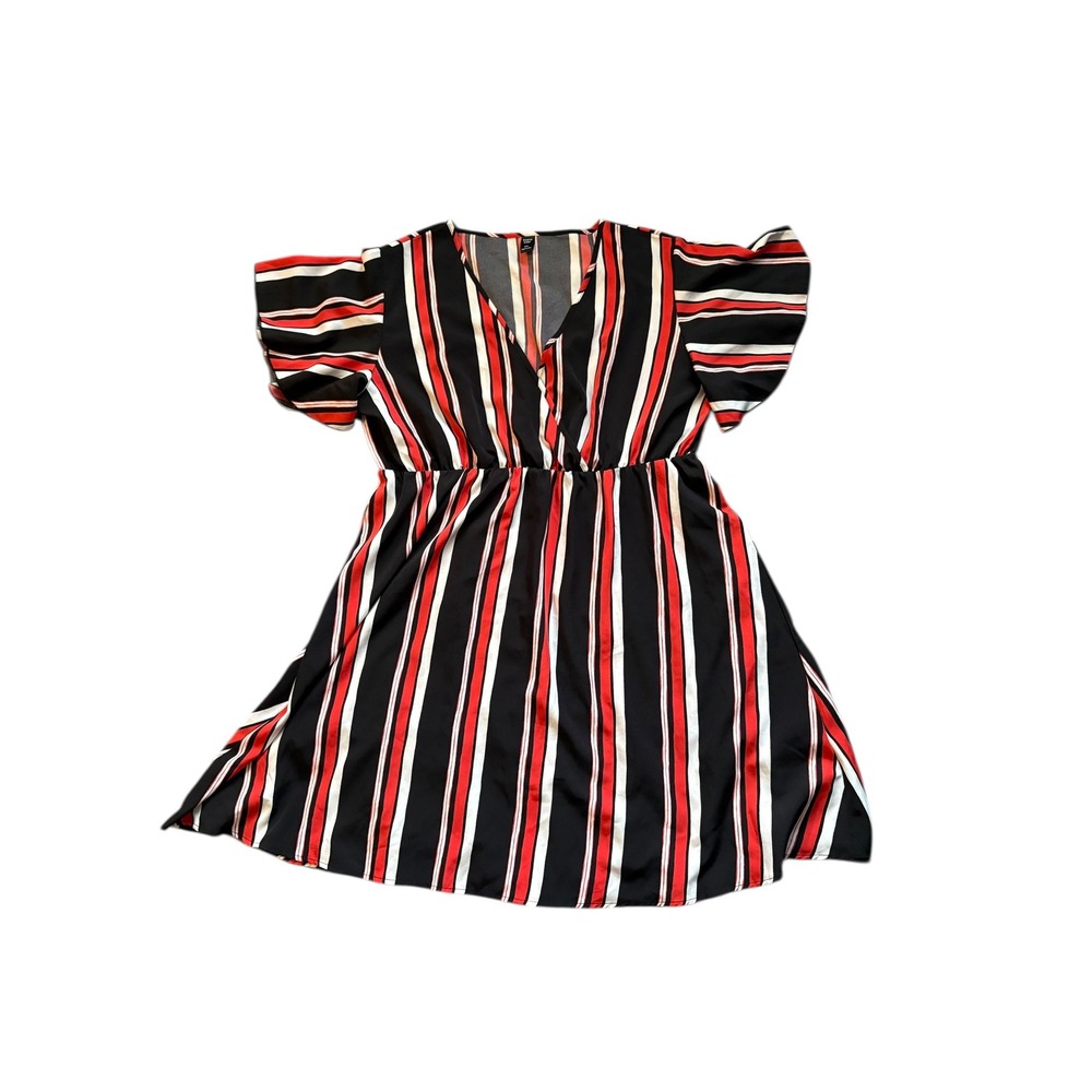 SHEIN Curve 3XL Striped‎ Dress Black Red White Flutter Sleeve V Neck Mini